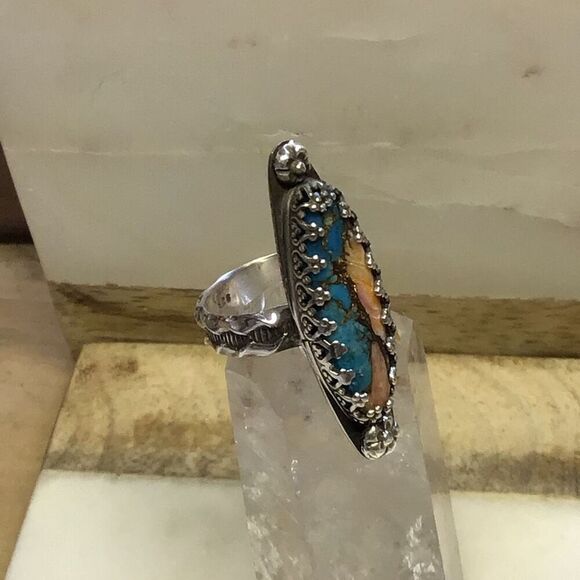 Ring, Statement Turquoise & Spiny Oyster Ring, Sterling Silver Ring, size 5, Han - Picture 2 of 8